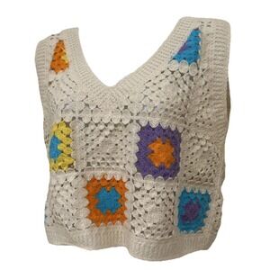 Rebellion Again Crochet Granny Squares V‎ Neck Sleeveless Patchwork Boho Sz M